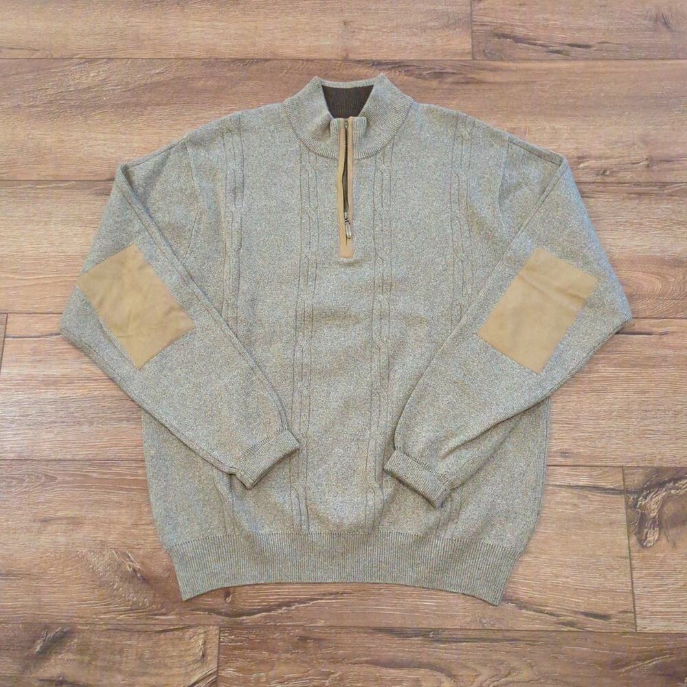 VTG Alex Cannon Men Large Quarter Zip Sweater Elbow Pad Grandpa Earthtone Tan‎
